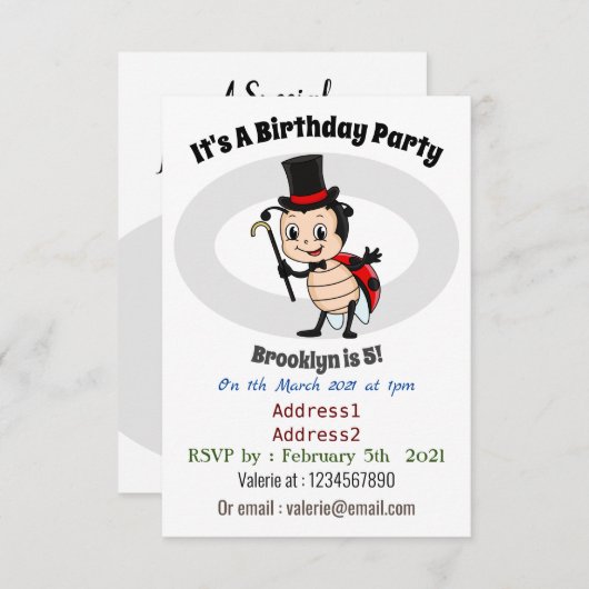 Kute ladybug met bovenste hoed en stropdas cartoon kaart (Voorkant / Achterkant)