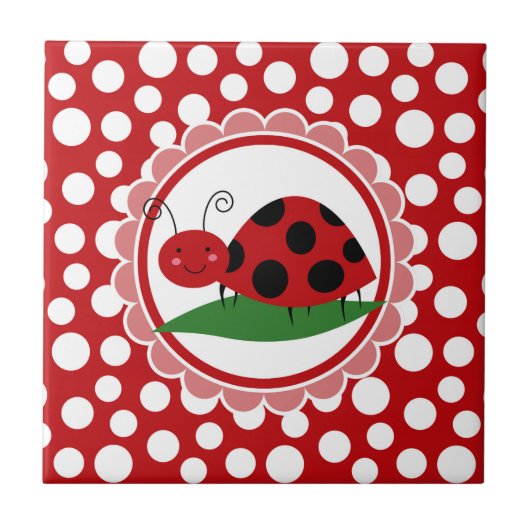Kute Ladybug op een leder - meisjes rood zwart Tegeltje (Voorkant)