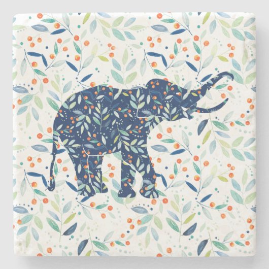 Kute Little Blue Elephant Botanische Waterverven Stenen Onderzetter (Voorkant)