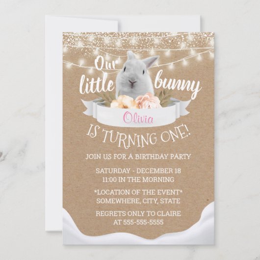Kute Little Bunny Rustic Kraft First Birthday Kaart (Voorkant)
