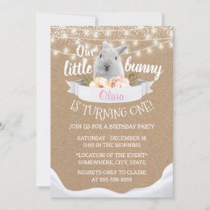 Kute Little Bunny Rustic Kraft First Birthday Kaart