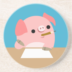 Kute Little Cartoon Pig "Writer's Block" Onderzett Zandsteen Onderzetter