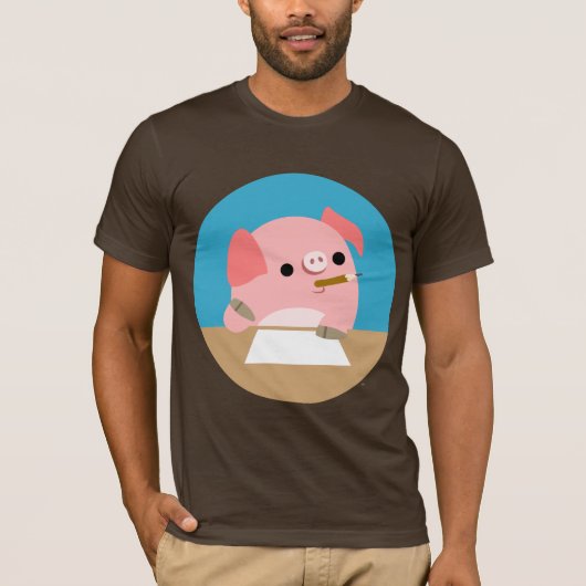 Kute Little Cartoon Pig "Writer's Block" T-Shirt (Voorkant)
