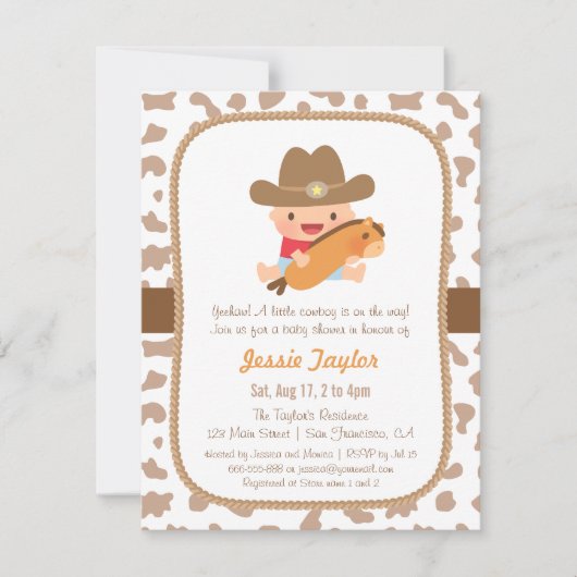 Kute Little Cowboy Western Baby Shower Invitations Kaart (Voorkant)