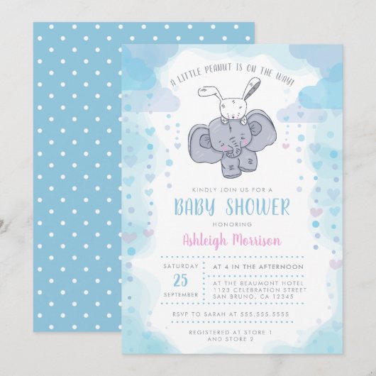 Kute Little Elephant & Baby Bunny Baby Boy Shower Kaart (Voorkant / Achterkant)