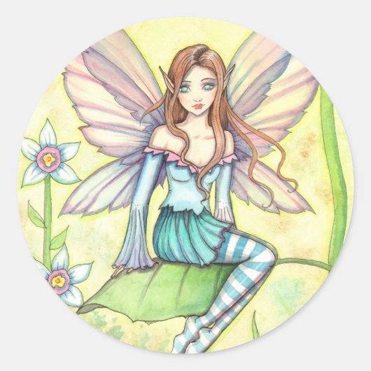 Kute Little Flower Fairy Fantasy Art Ronde Sticker (Voorkant)