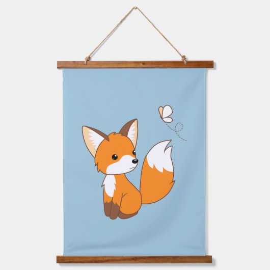 Kute Little Fox Watterfly Blue Hangend Wandkleed (Voorkant)