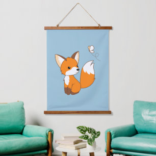 Kute Little Fox Watterfly Blue Hangend Wandkleed