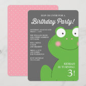 Kute Little Froggy Birthday Party Invite / Roze Kaart (Voorkant / Achterkant)