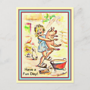 Kute Little Girl en Hare Pig - Fun Washing a Pig Briefkaart