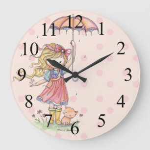 Kute Little Girl en Ktty Pink Polkadot Clock Grote Klok