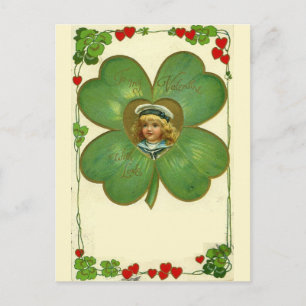 Kute Little Girl Vier Leaf Clover Flowers Briefkaart