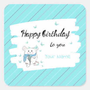 Kute Little Hamster Blue Happy Birthday Vierkante Sticker