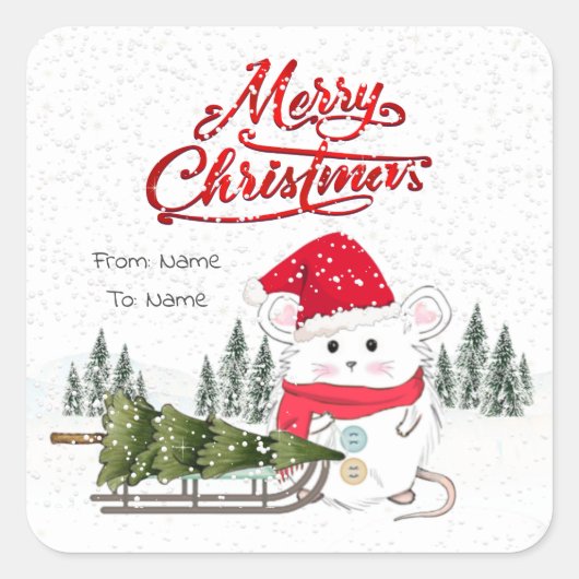 Kute Little Hamster Merry-kerstboom Vierkante Sticker (Voorkant)