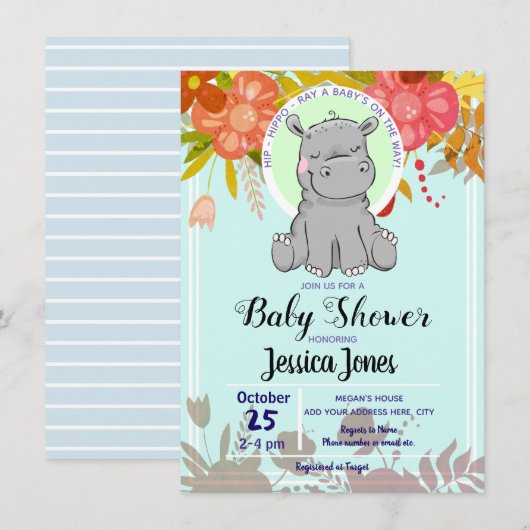 Kute Little Hippo Floral Baby Shower Invitations Kaart (Voorkant / Achterkant)