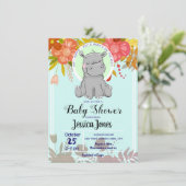 Kute Little Hippo Floral Baby Shower Invitations Kaart (Staand voorkant)