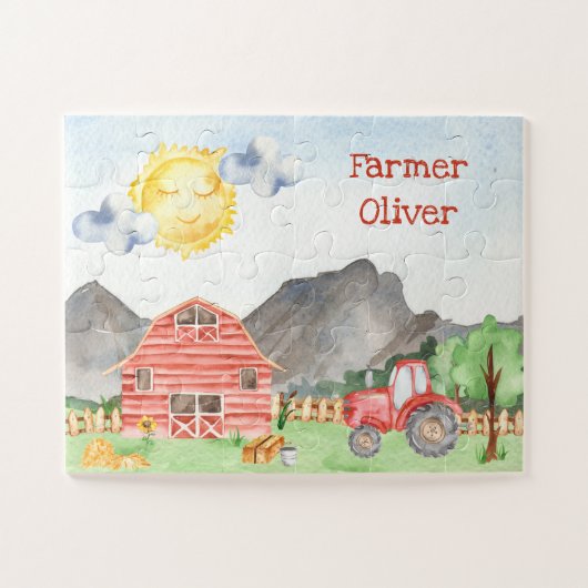 Kute Little Kinder Farmer met First Name Waterverf Legpuzzel (Horizontaal)