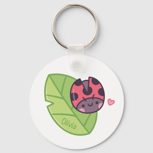 Kute Little Ladybug Beetle op Leaf Personalized Sleutelhanger (Voorkant)