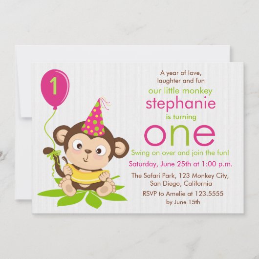 Kute Little Monkey First Birthday Invitation Kaart (Voorkant)