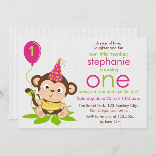 Kute Little Monkey First Birthday Invitation Kaart (Voorkant / Achterkant)