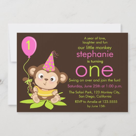 Kute Little Monkey First Birthday Invitation Kaart (Voorkant)