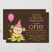 Kute Little Monkey First Birthday Invitation Kaart (Voorkant / Achterkant)