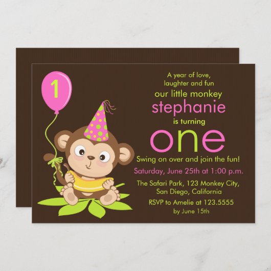 Kute Little Monkey First Birthday Invitation Kaart (Voorkant / Achterkant)