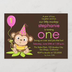 Kute Little Monkey First Birthday Invitation Kaart