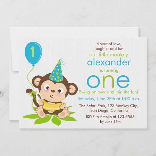 Kute Little Monkey First Birthday Invitation Kaart (Voorkant)