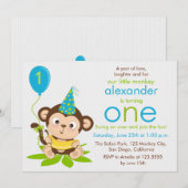 Kute Little Monkey First Birthday Invitation Kaart (Voorkant / Achterkant)