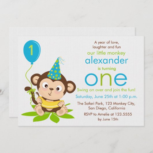 Kute Little Monkey First Birthday Invitation Kaart (Voorkant / Achterkant)