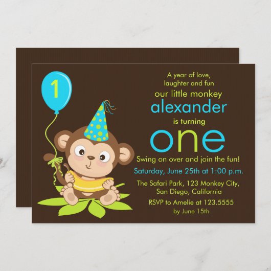 Kute Little Monkey First Birthday Invitation Kaart (Voorkant / Achterkant)