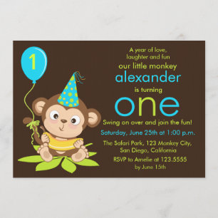 Kute Little Monkey First Birthday Invitation Kaart