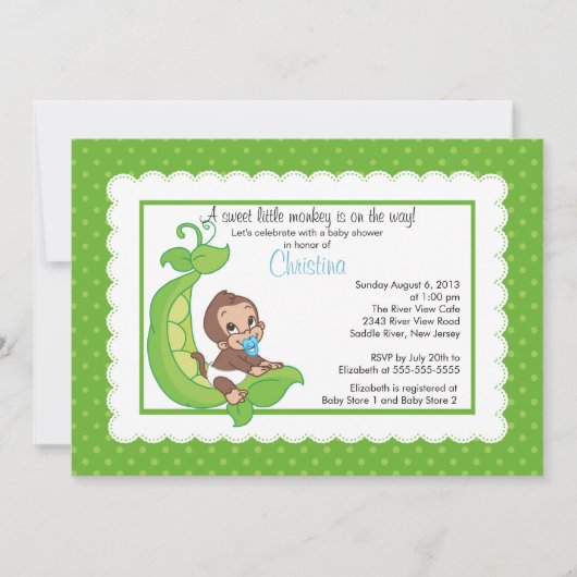 Kute Little Monkey Pea Pod Baby Shower Invitations Kaart (Voorkant)