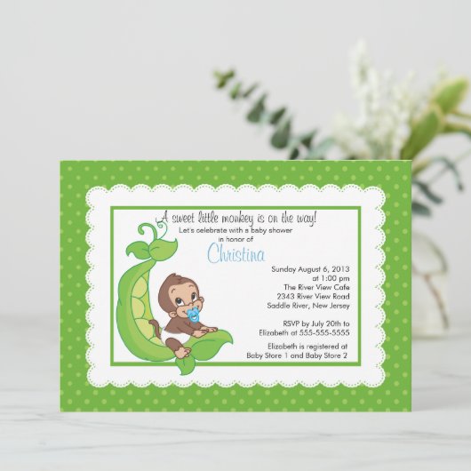 Kute Little Monkey Pea Pod Baby Shower Invitations Kaart (Staand voorkant)