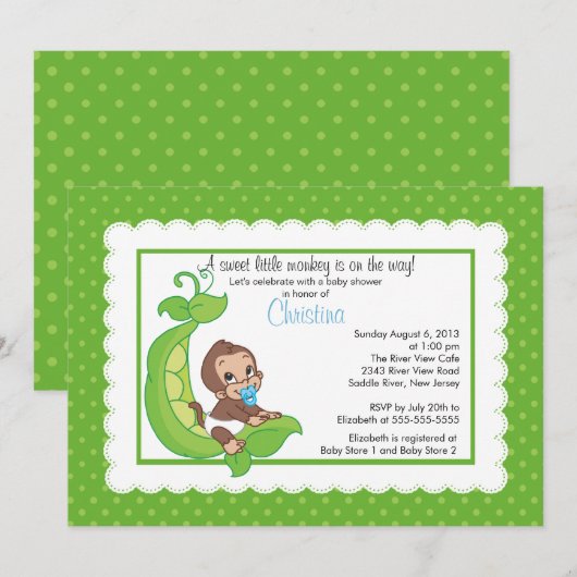 Kute Little Monkey Pea Pod Baby Shower Invitations Kaart (Voorkant / Achterkant)