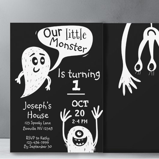 Kute Little Monster Boys First Birthday Invitation Kaart