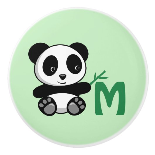 Kute Little Panda met een Bamboo Stick Monogram Keramische Knop (Voorkant)