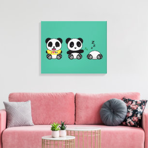 Kute Little Pandas on Green Canvas Afdruk