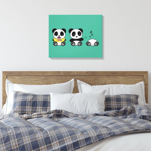 Kute Little Pandas on Green Canvas Afdruk (Insitu (Slaapkamer))