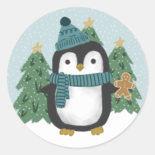 Kute Little Penguin and Gingerbrood Man met Kerstm Ronde Sticker (Voorkant)