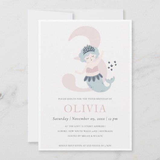 Kute Little Pink Blue Mermaid 3rd Birthday Invite Bedankkaart (Voorkant)