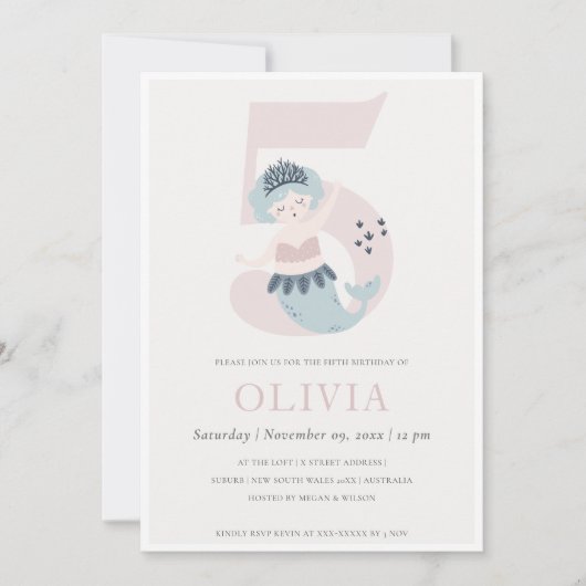Kute Little Pink Blue Mermaid 5th Birthday Invite Bedankkaart (Voorkant)