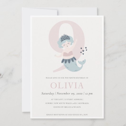 Kute Little Pink Blue Mermaid 9th Birthday Invite Bedankkaart (Voorkant)