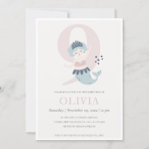 Kute Little Pink Blue Mermaid 9th Birthday Invite