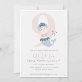 Kute Little Pink Blue Mermaid 9th Birthday Invite Bedankkaart
