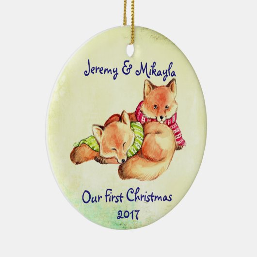 Kute Little Red Foxes "Our First Kerstmis" Keramisch Ornament (Rechts)