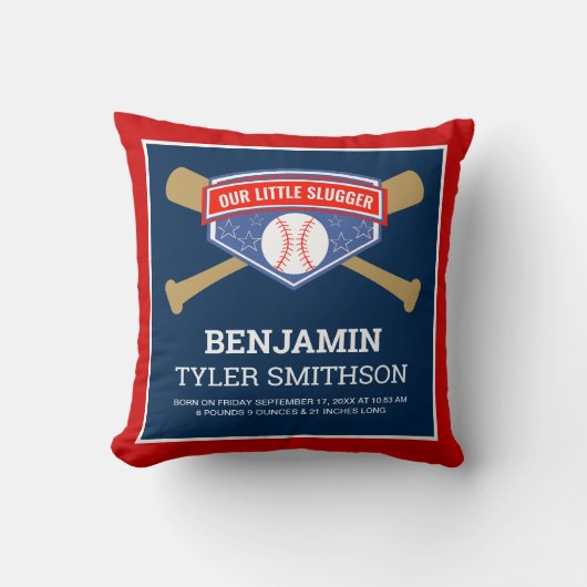 Kute Little Slugger Baseball Baby Birth Stats Kussen (Voorkant)