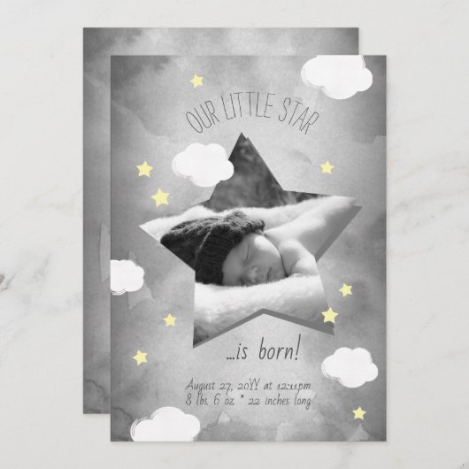 Kute Little Star is Born Clouds Birth Announance Kaart (Voorkant / Achterkant)