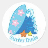 Kute Little Surfer Dude Surfboard en Wave Ronde Sticker (Voorkant)